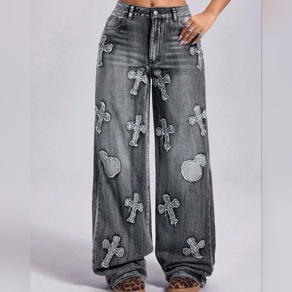 Cross Wide Leg Dark Gray Jeans with Pockets